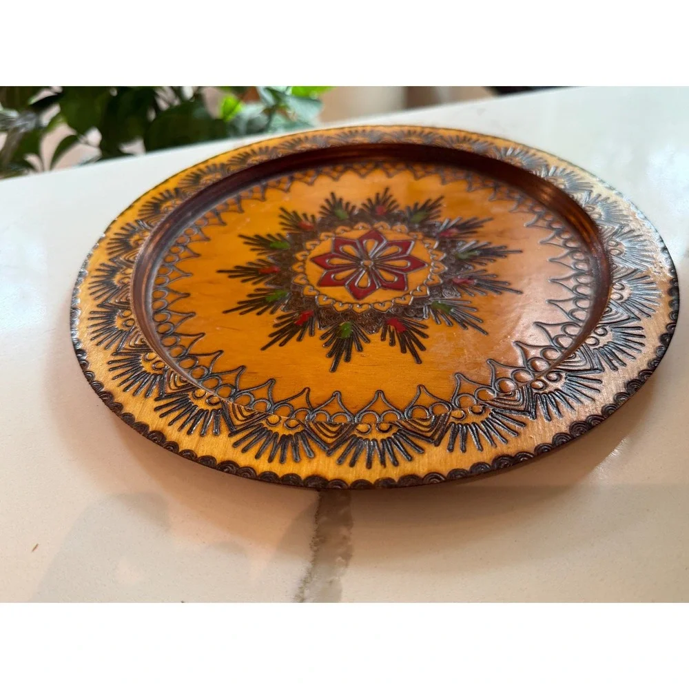 Vintage Polish Folk Art Hand Carved Painted Wood Pyrography Wall Plate 9.5